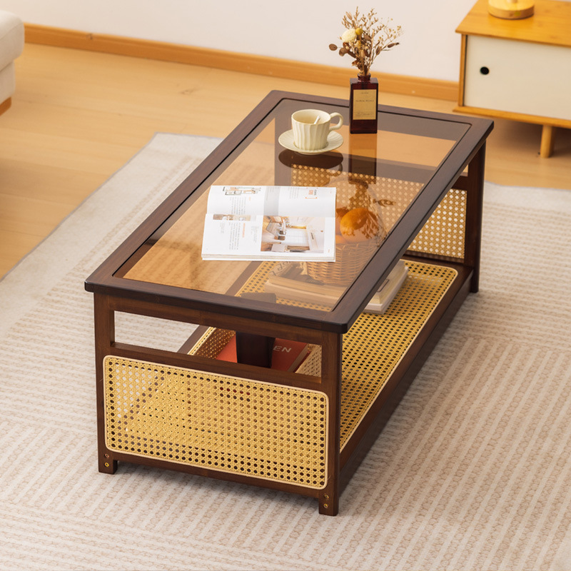 Mesa de centro, mesa rectangular de ratán de bambú, sala de estar, hogar, apartamento pequeño de estilo japonés, mesa de té de nogal moderna simple
