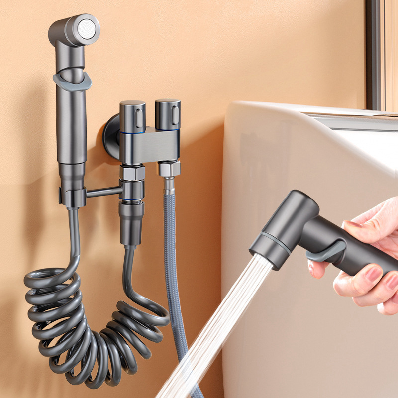 Gun gray toilet companion full copper core black dual control one in two out triangular valve one point two spray gun faucet household