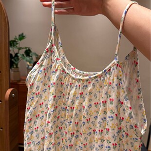 New!Colorful little wild flowers, Class A cotton double-layer gauze, cute loose printed home suspender nightgown for girls