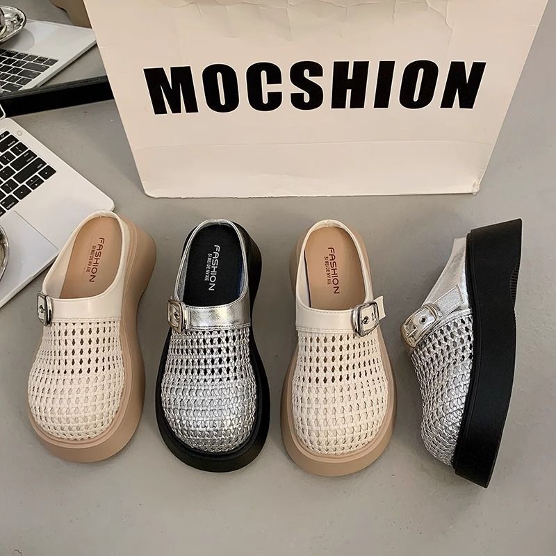 Platform Thick-Soled Loafers for Women 2026 New Spring/Summer Hot Retro Woven Closed-Toe Half Slippers for Petite Individuals