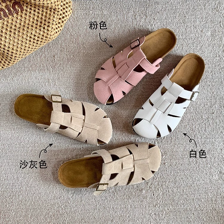 Кожаные полые холодные тапочки женские летние носить мягкую овечью кожу повседневная толстая подошва