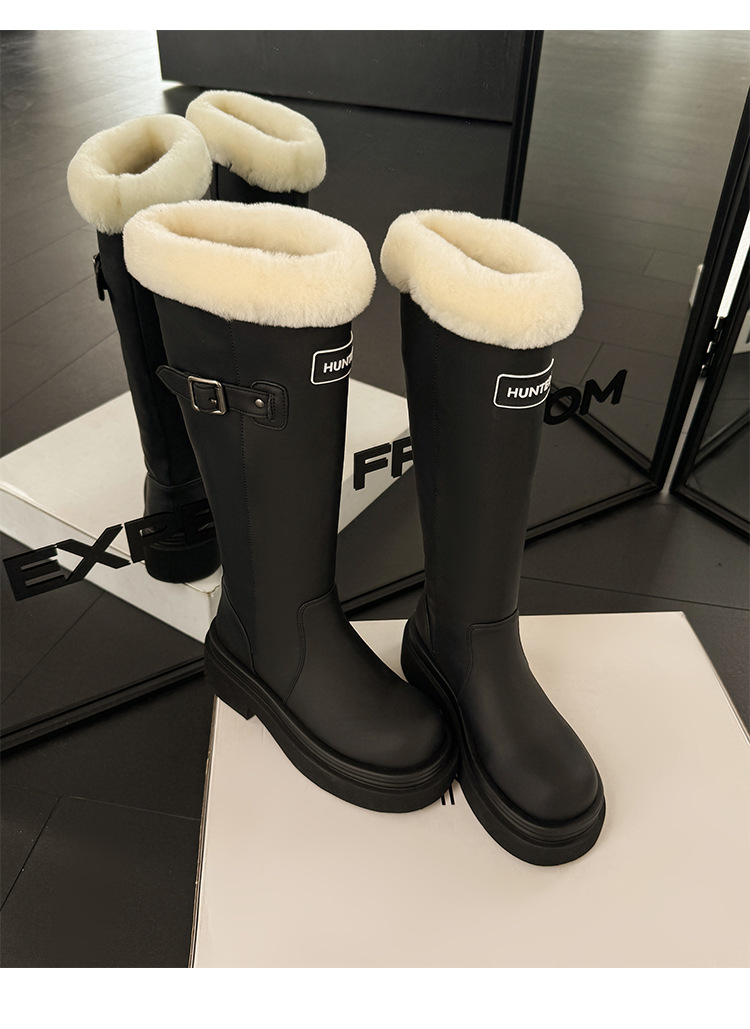 Boot nữ cổ cao ôm bắp chân lót lông cừu ấm áp đế dày da bò — màu đen chi tiết 13