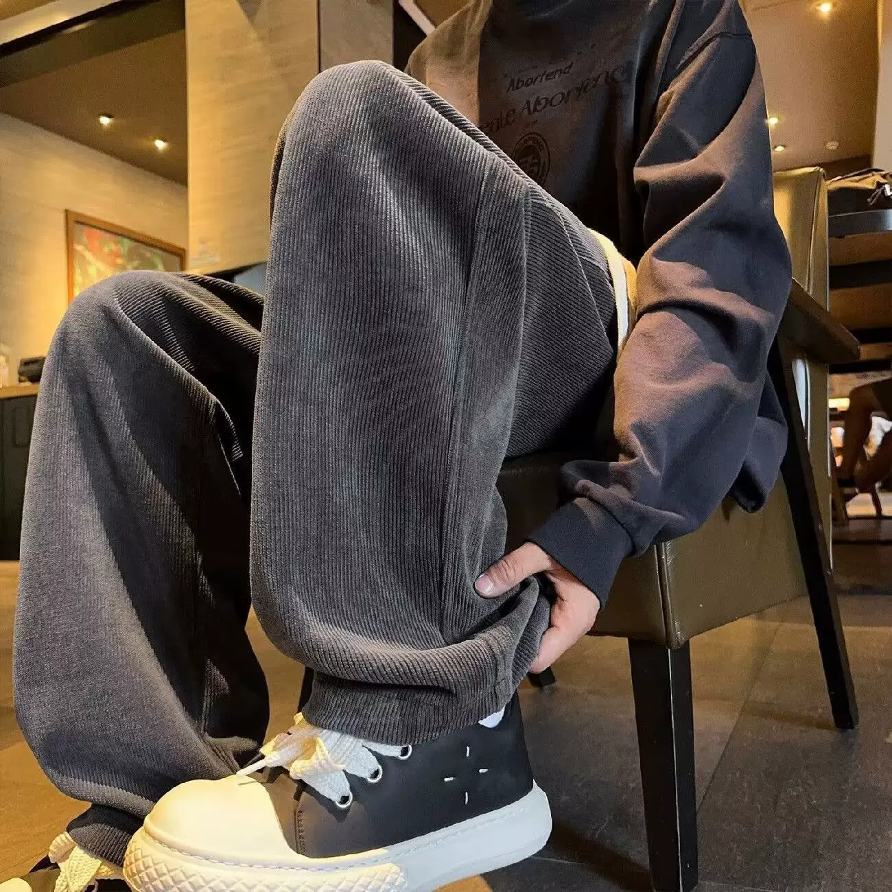 港仔文艺男加绒裤子男秋季加绒宽松男生直筒裤宽松休闲长裤男款潮