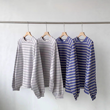 韩国小众潮牌秋冬打底衫复古宽松圆领撞色条纹长袖T恤女百搭休闲