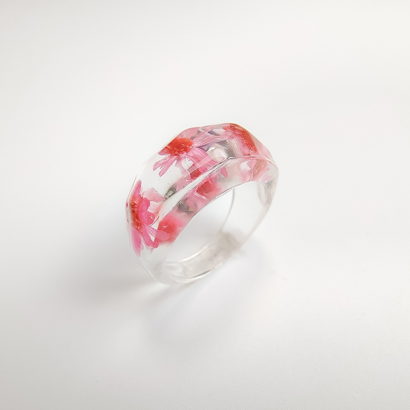 欧美跨境饰品 亚克力醋酸软陶花朵戒指女 简约个性透明树脂食指环