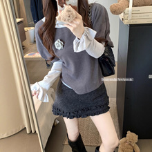 法式叠穿时尚套装女秋冬2025新款灰色短袖针织衫长袖打底衫两件套