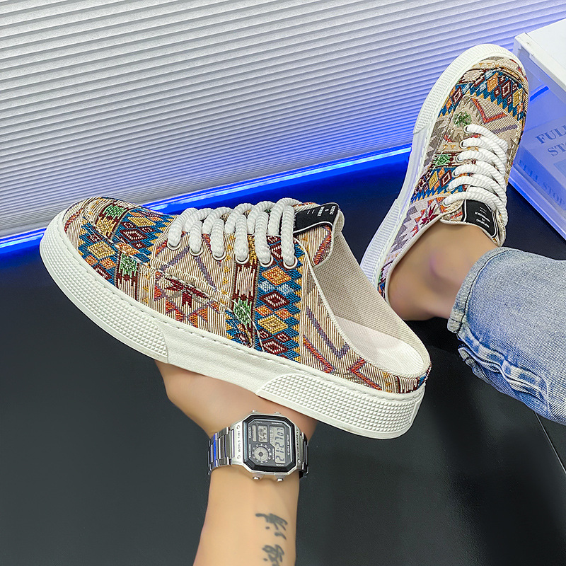 2025 New Men's Shoes Summer Breathable Sneakers Lazy Canvas Shoes Men's Slip-on Semi-drag Set Foot-free Heel Trendy Shoes