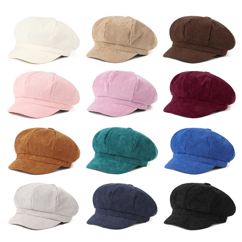 Academy style men's and women's corduroy octagonal cap Korean style autumn and winter solid color striped cap art painter Bailey hat