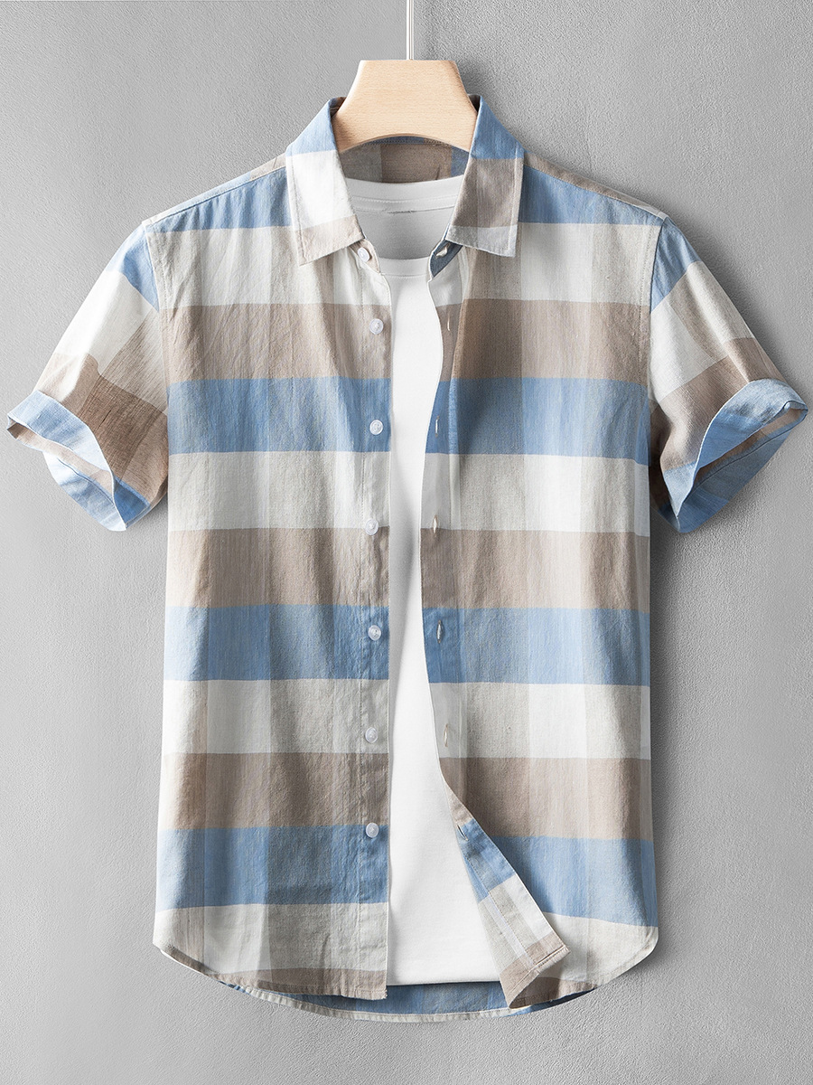 Camisa casual de lino juvenil Camisa de manga corta a cuadros a juego de color para hombre Camisa delgada a cuadros floral delgada de algodón y lino media manga verano