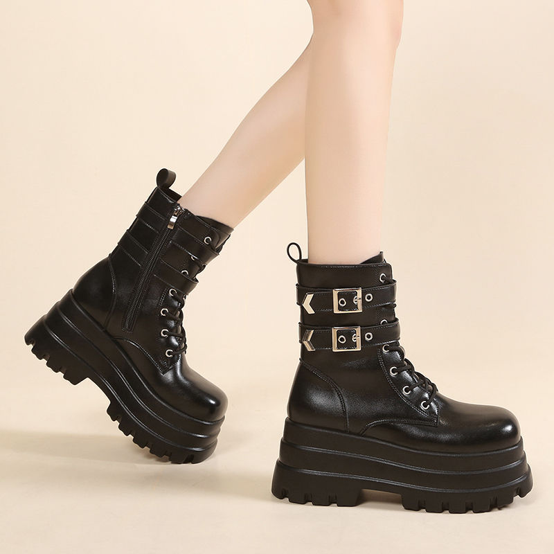 High-height shoes small thick bottom 8 ㎝ low-top short boots women's spring new hot girl fan car Martin single boots plus size