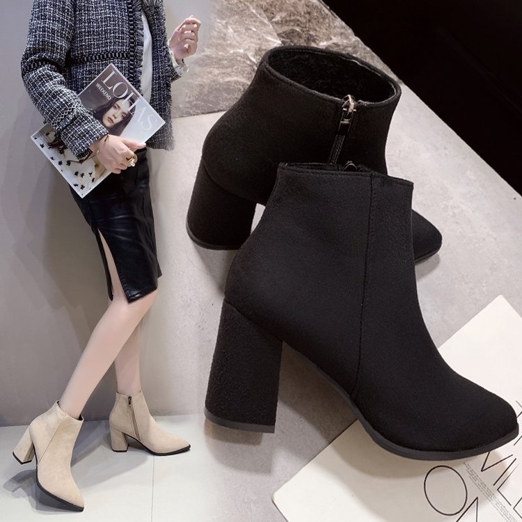 Botas de tacón alto para mujer, estilo coreano, con cremallera lateral, punta en pico, de gamuza, tacón grueso, moda otoño 2025 image 4