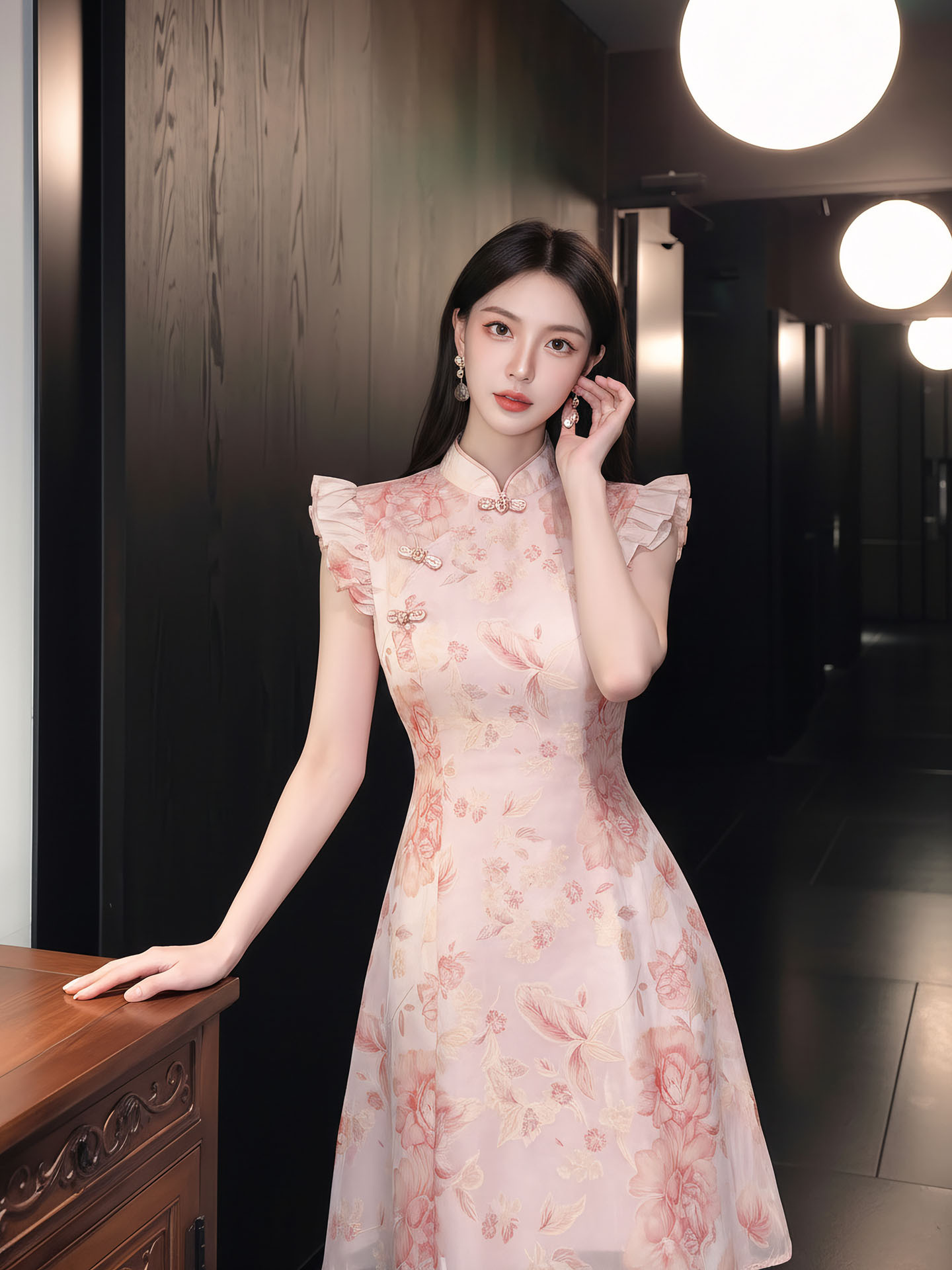 Đầm maxi nữ thắt eo họa tiết hoa nhí tay bèo phong cách Tân Trung Quốc — màu hồng