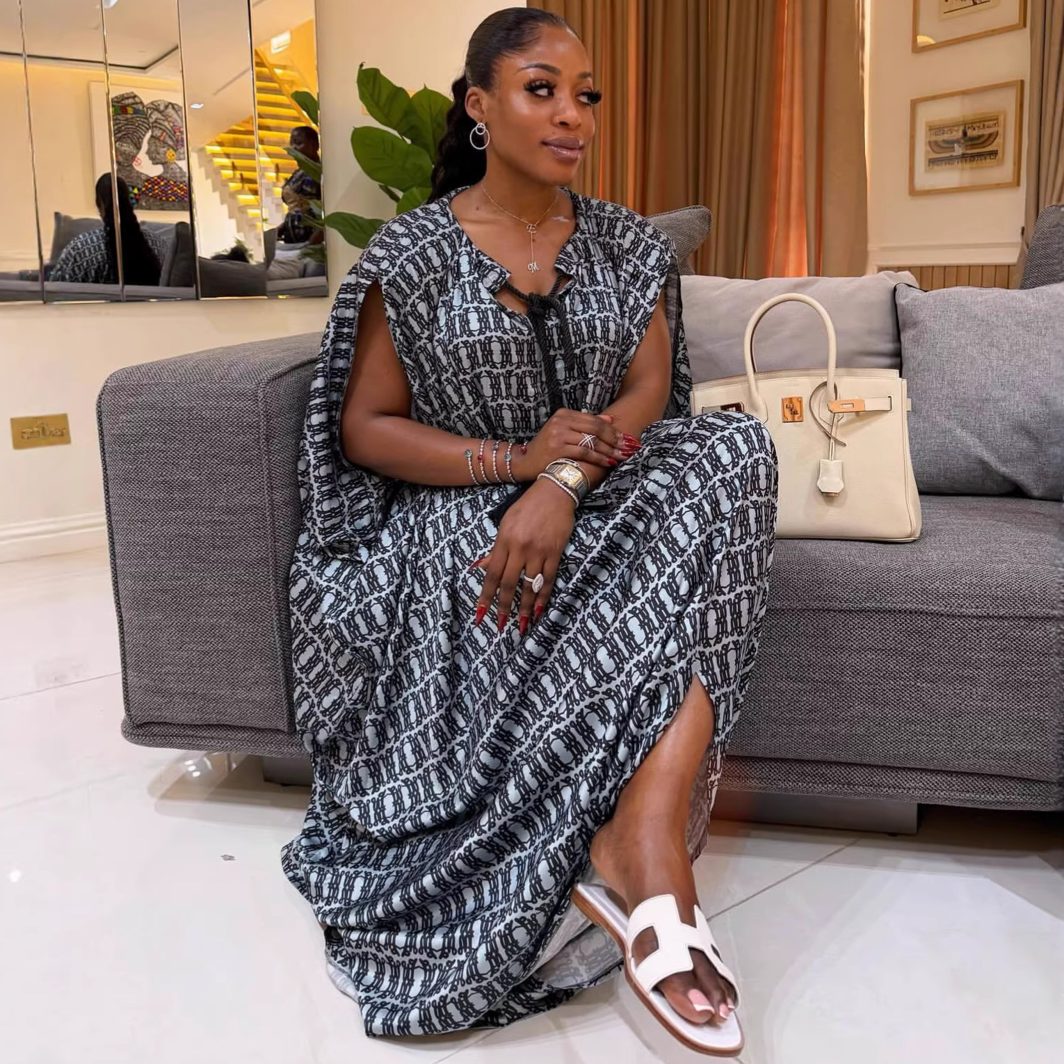 Women's American Style Loose Plus Size Dress African Chic Fashion Print Long Skirt Tie Up Design Lazy Fashion_ecoleips.com