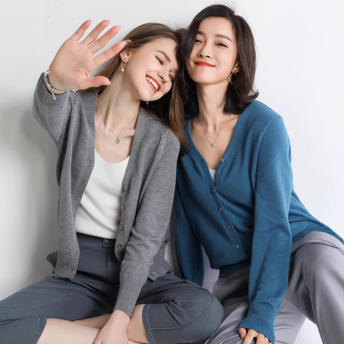 Women's Spring and Autumn Wool Cardigan Short Sleeve V-Neck Thin Loose Knit Long-Sleeve Sweater Korean Version Fashion Outerwear