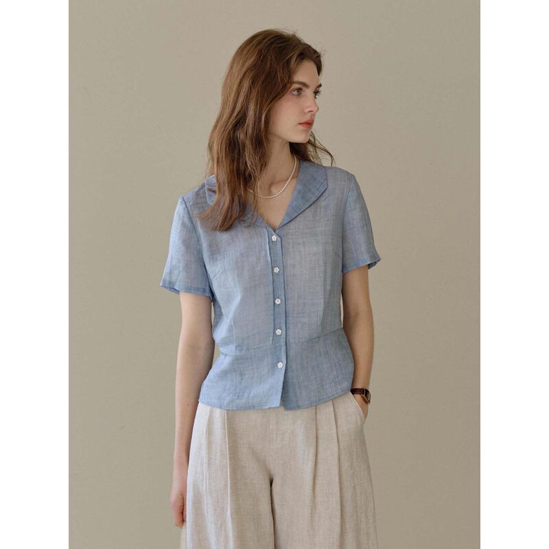 Simpleretro Shell Whisper Tencel Lapel Short Sleeve Shirt for Women Vintage Short Commuter Blouse