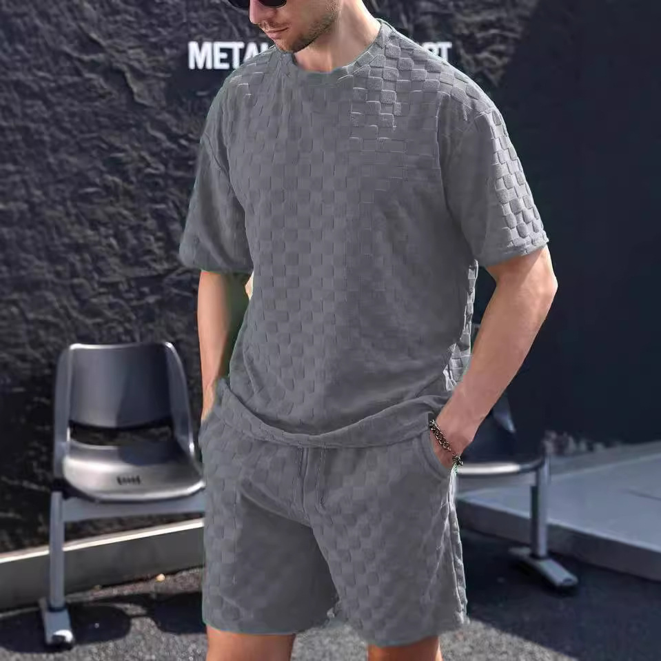 2-teiliges Herren-Set aus übergroßem T-Shirt und Shorts mit Schachbrettmuster – lässige Loungewear für Sommer und Herbst (Schwarz, Grau, Khaki, Weiß) – S-XXXL_voghion.com