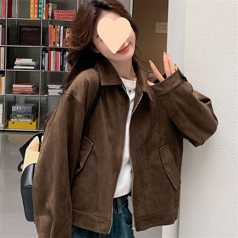 咖色美拉德仿麂皮絨外套女2025秋新款美式復古小個子短款夾克上衣