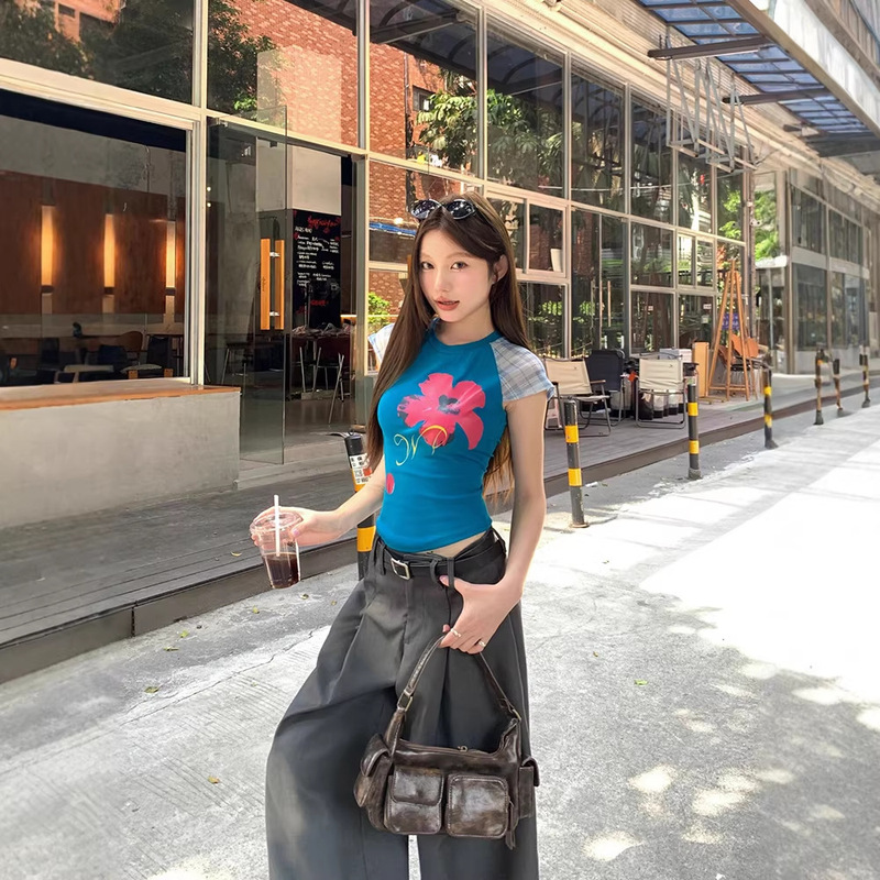 Cross-Border Wuha New Summer Tops Sweet and Spicy Mesh Splicing Elastic Slim-Fit Printed Short-Sleeve T-Shirt for Women Cross-Border Wuha New Summer Tops Sweet and Spicy Mesh Splicing Elastic Slim-Fit Printed Short-Sleeve T-Shirt for Women