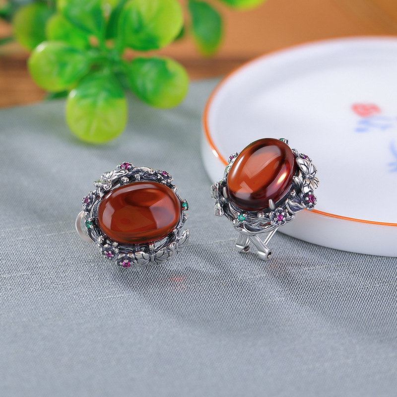 Bông tai bạc S925 hình hoa bướm đính hổ phách phong cách retro — một cặp