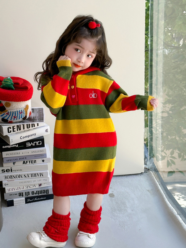 女童新款韩版彩虹条纹2025衣裙秋冬连帽针织针织衫童装中长款裙子|undefined