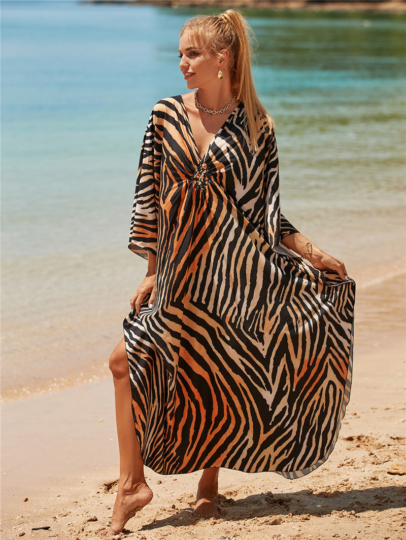 224g Weight Sunscreen Shirt Outerwear Type 3/4 Length Sleeve Sleeve Length Polyester Fabric Type Long Top Length V Neck Neckline Printing, Leopard Pattern Spring&Summer Season Women's Gender Vacation, Beach Style Women's Printing Leopard Vacation Beach Cover Ups 67