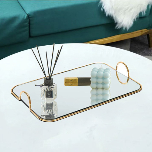 Nordic light luxury metal mirror tray desktop coffee table storage tray model room decoration American glass fruit plate