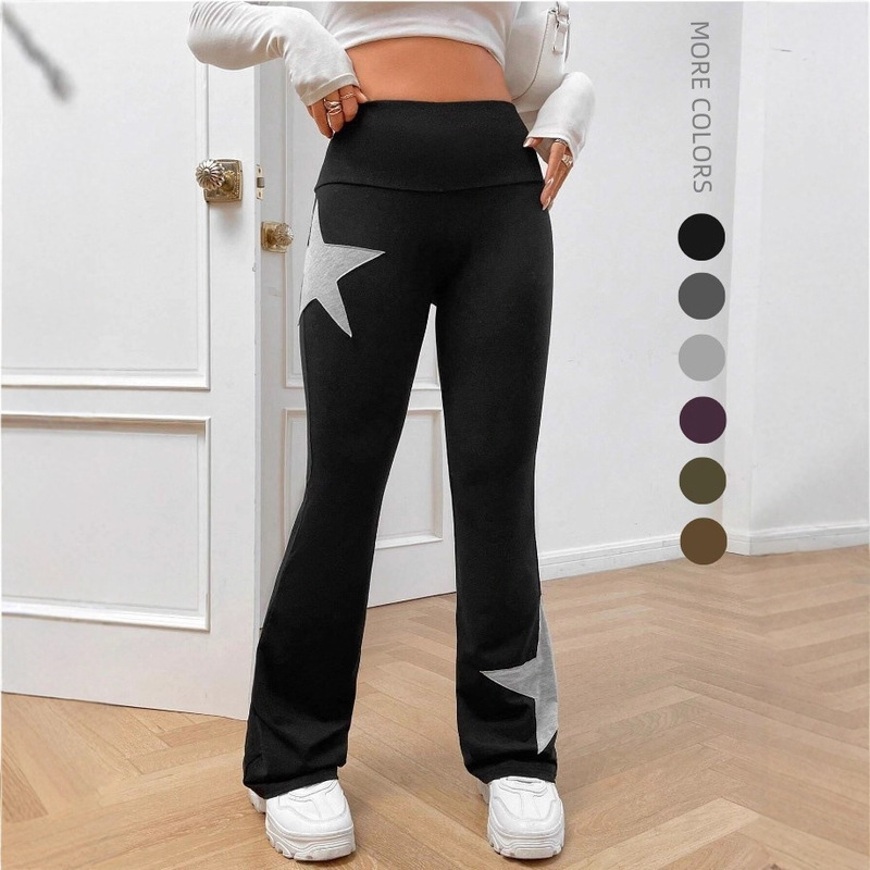2025Temu Aliexpress Hot-Selling Sports Casual Pants Five-Pointed Star Elastic Tight High-Waisted Bootcut Pants
