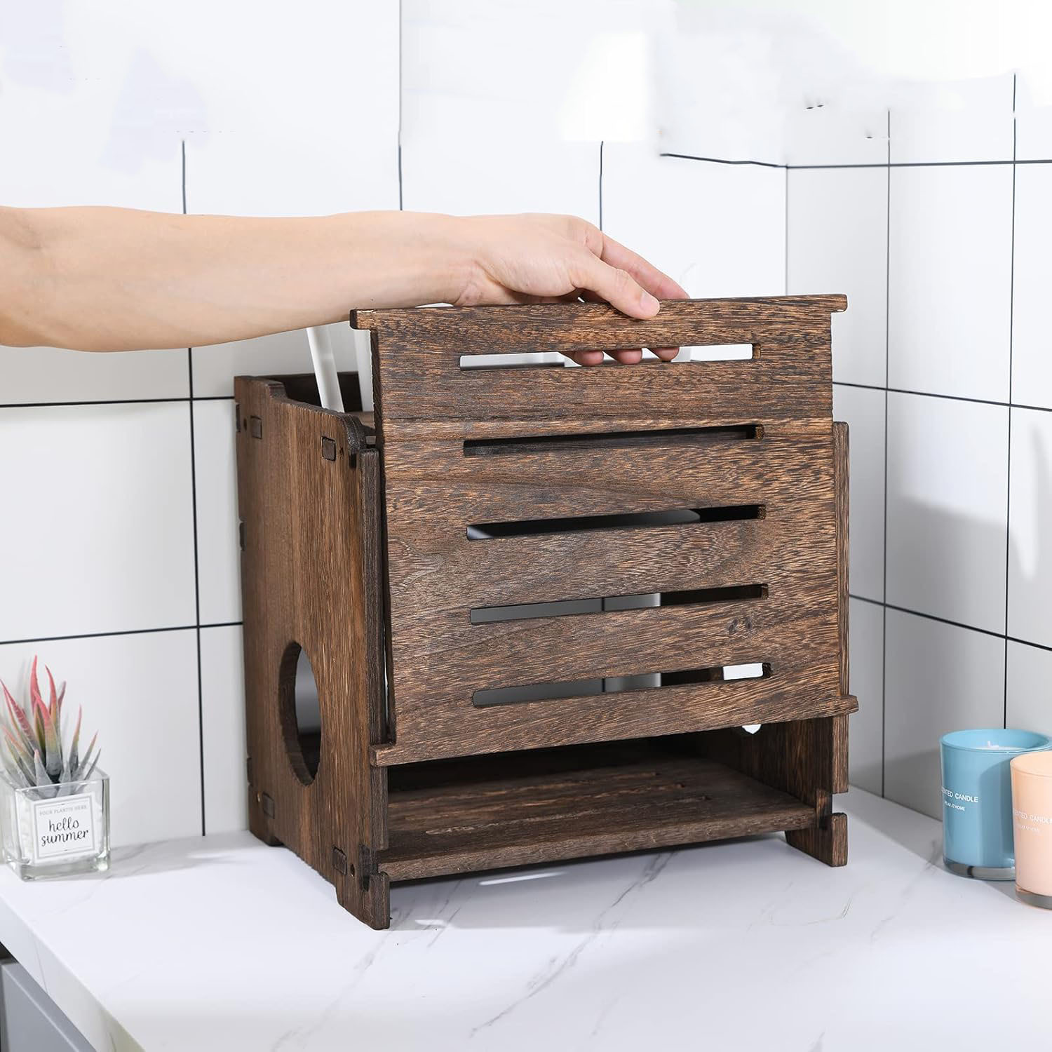 Wooden Wireless Wifi Router Storage Box American-Style 2-Layer Portable Cable Management Rack for Office Desk