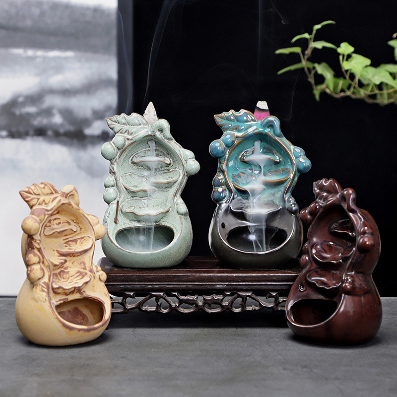 高山流水倒流香炉陶瓷熏香炉观烟家居饰品创意跨境葫芦香道摆件
