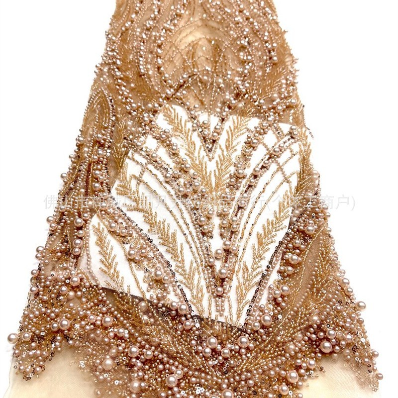 Peacock Feather Heavy Duty Pearl Pipe Mesh Fabric Fonytail Clavado a mano Beads Fishtail vestido de boda tela