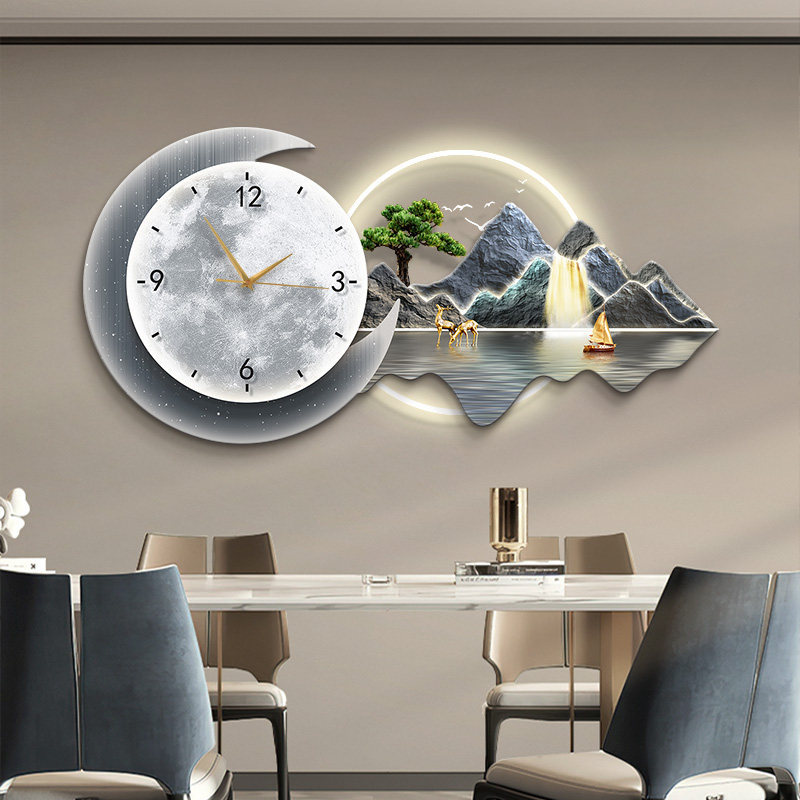 Decoración del comedor Reloj Reloj silencioso Reloj colgante Luz lujoso Pintura de lujo de alto nivel Pintura luminosa del comedor Pintura colgante Pintura mural de paisaje
