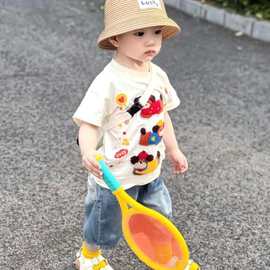 2026新款中小童t恤爆款三只狗子零食派对夏季宽松可爱风纯棉短袖