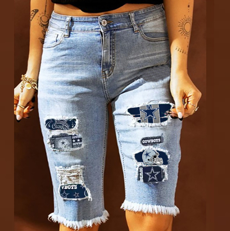 European and American cross-border independent station fashion new summer straight pants mid-waist printed ripped cropped pants women's jeans