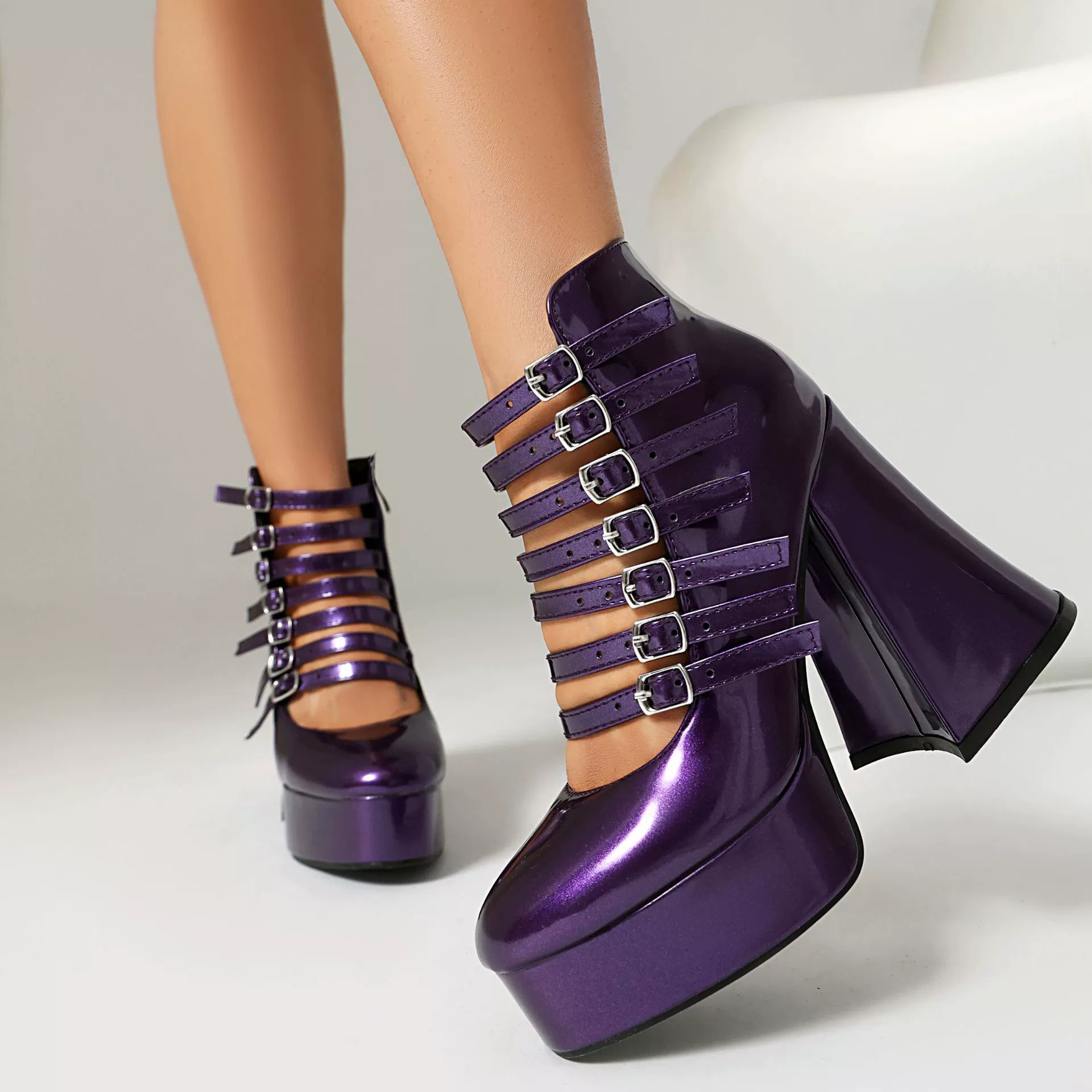Platform high‑heel patent leather boots, 12 cm heel, microfiber lining, sizes 35–43 (custom)