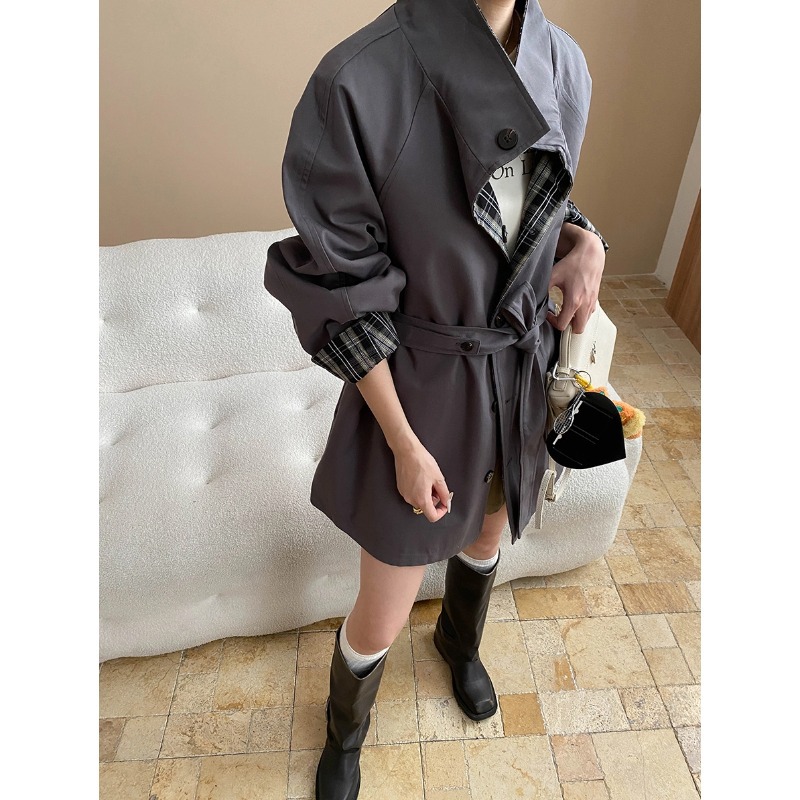 Sinan Reversible Design Retro Plaid Stitching Stand Collar Loose Mid-Length Windbreaker Jacket Sn8099