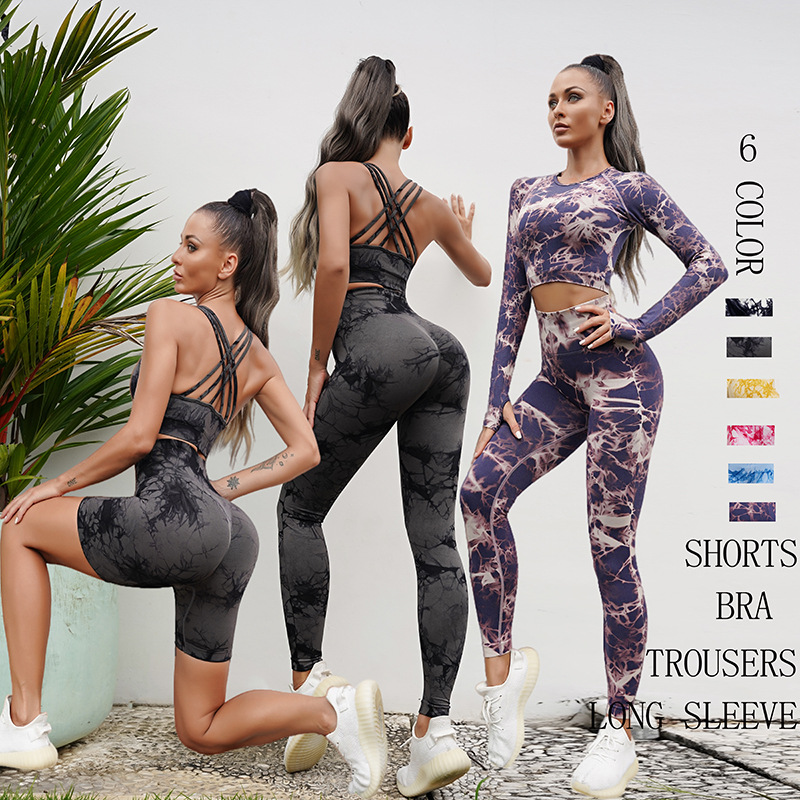 Pantalones de fitness tie-dye, ropa de yoga, pantalones deportivos de manga larga, conjunto de yoga para mujer, ajuste delgado, moldeador, ceñido