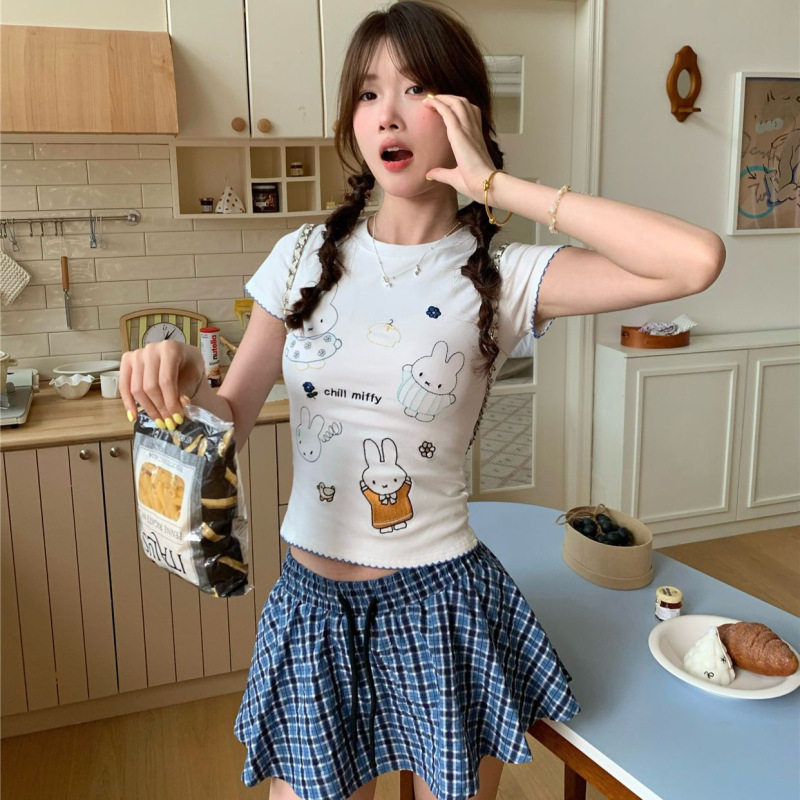 Designed Korean Style Cute Miffy Rabbit Round Neck Contrasting Lace Short-Sleeved T-Shirt Women's Summer Half-Sleeved Sweet Sexy Top
