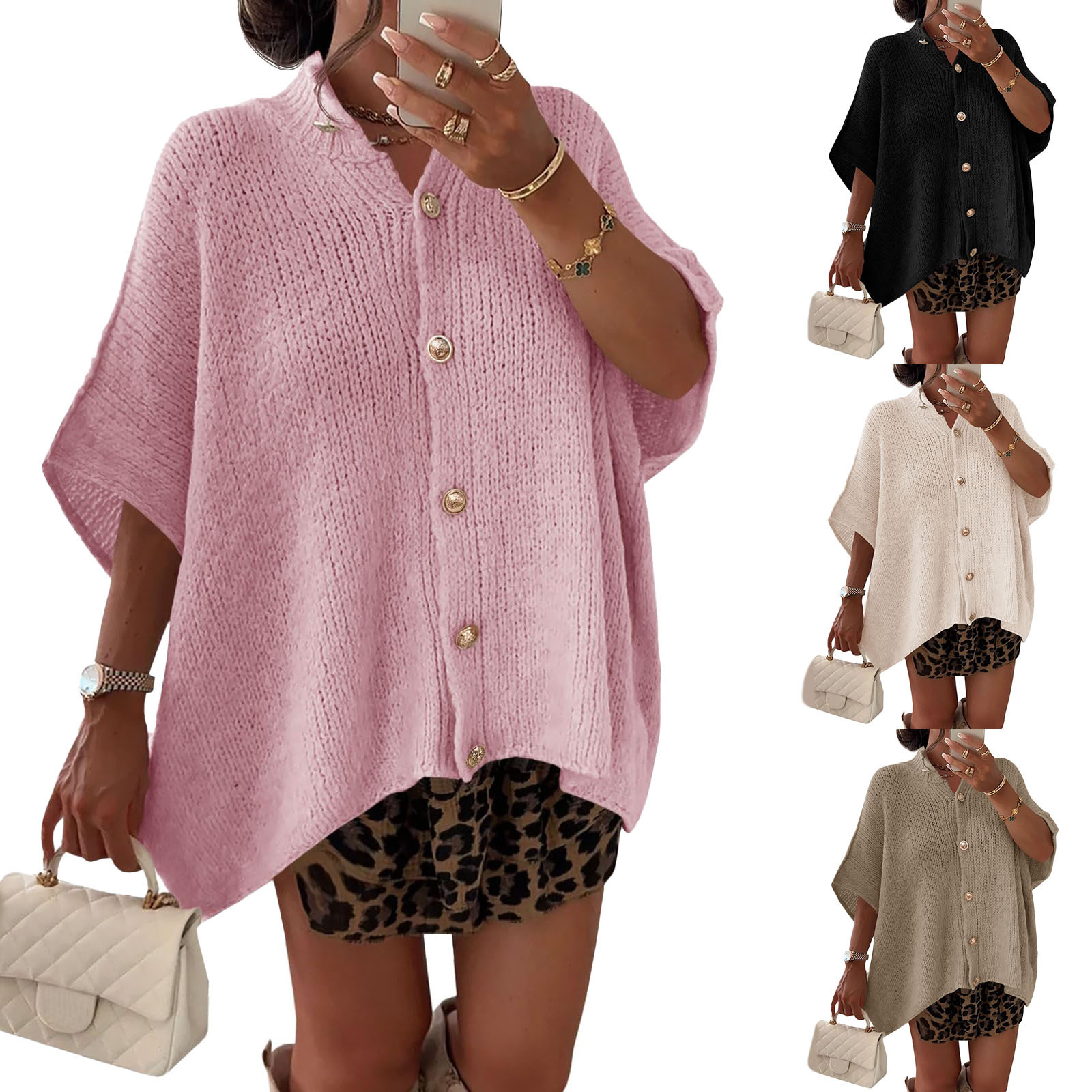 跨境外贸女式开衫毛衣中袖系扣亚马逊爆款休闲轻便感宽松针织时尚