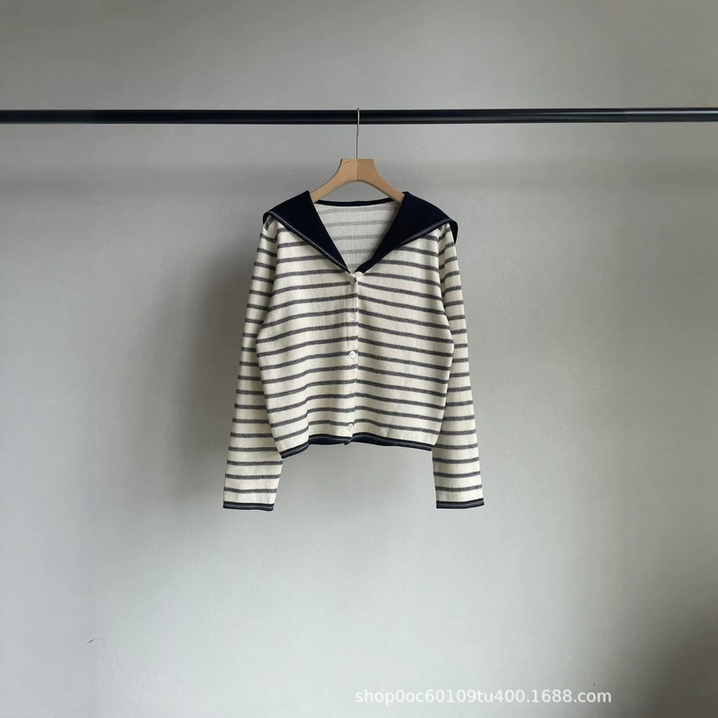 Konseni Cashmere-Cotton Blend Knit Sweater 26 Early Autumn Collection Textured Contrast Navy Collar Long Sleeve Striped Cardigan for Women