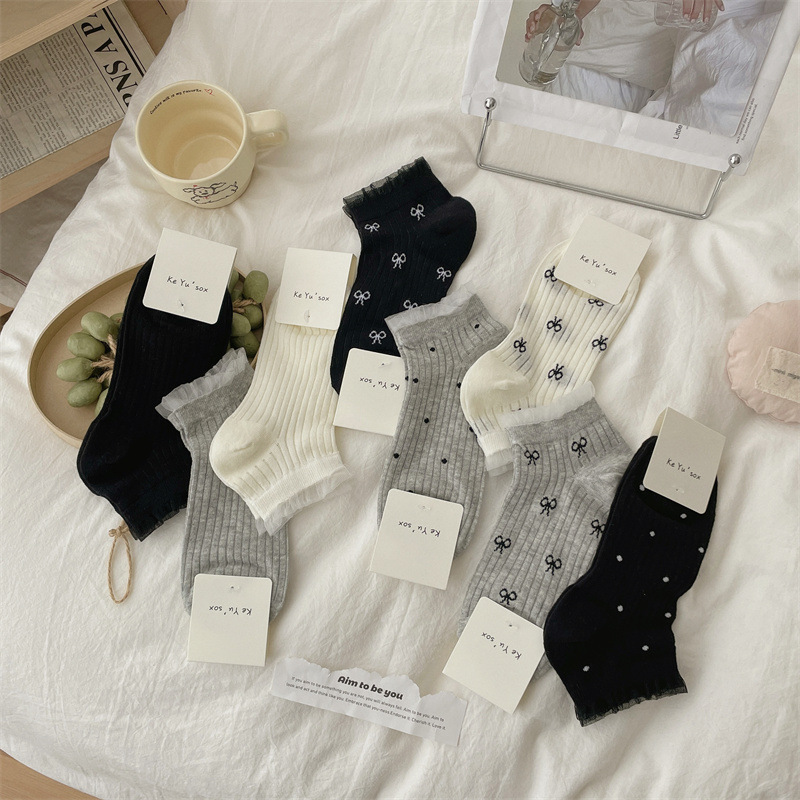 Spring and Summer Thin Lace Short Socks Women's Ballet Style Bow Korean Style Polo Dot Casual Solid Color All-match Boat Socks