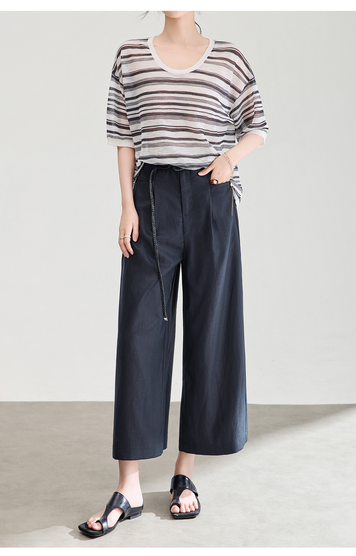Quần culottes nữ ống rộng chất liệu linen phối sợi tencel, cạp cao dáng suông, mặc mùa hè thoáng mát — Xanh lông mòng đen chi tiết 18
