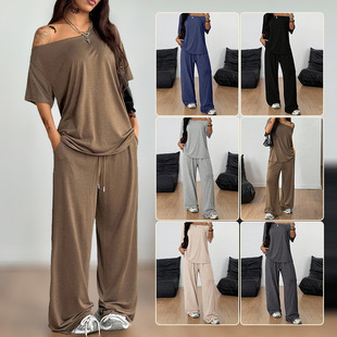 European and American Cross-Border Diagonal Collar Wide-Leg Pants Set 2026 Spring/Summer Women's Casual Solid Color Sports Two-Piece Loose Long Pants Set European and American Cross-Border Diagonal Collar Wide-Leg Pants Set 2026 Spring/Summer Women's Casual Solid Color Sports Two-Piece Loose Long Pants Set