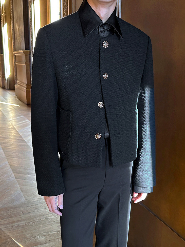 Myqショートコート男性春のゆるい丸首上着韓国版ファッション高級感ジャケット