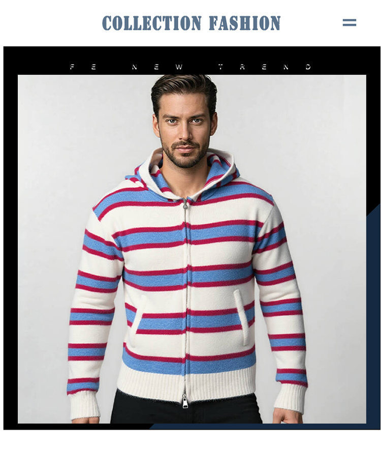Men's Striped Hooded Sweater – Oversized Knit Pullover (Thickened Fleece Lining, Drop Shoulder, Ribbed Hem, Machine Washable, Streetwear Essential)​_voghion.com