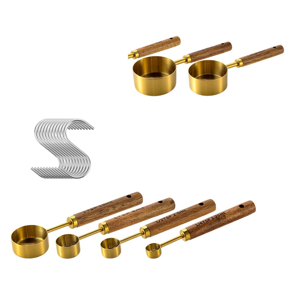 Vínculo al cliente taza de medición de acero inoxidable cuchara de medición con mango de madera