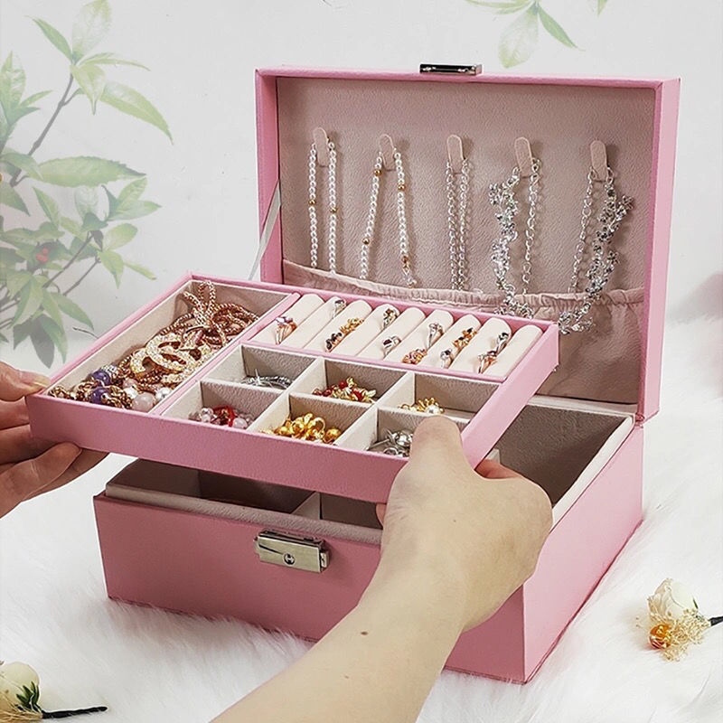 双层PU皮革首饰盒耳钉耳环项链桌面收纳防尘带锁木质珠宝饰品盒