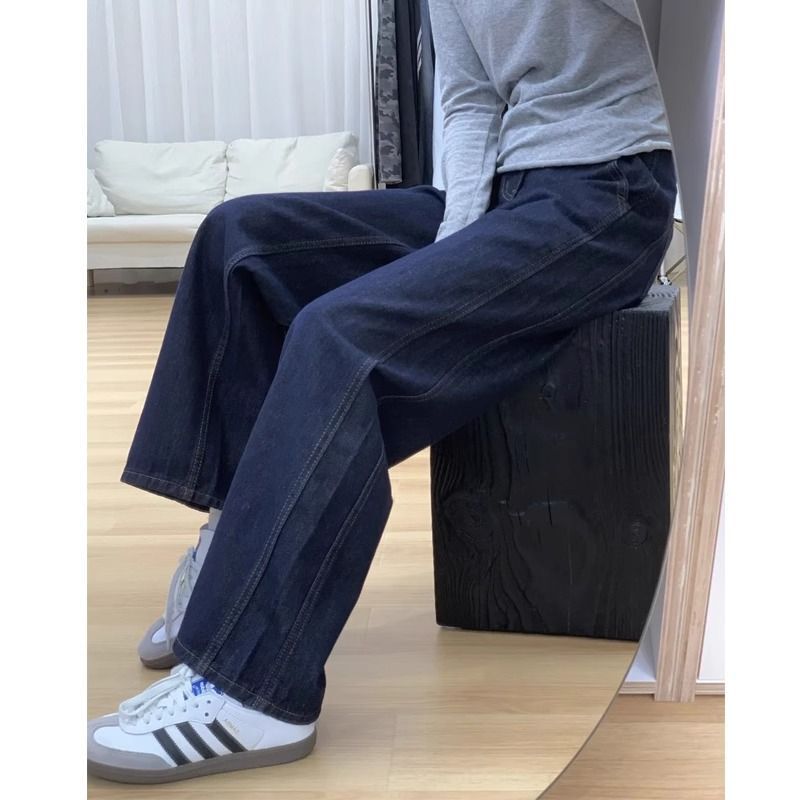 丹宁色牛仔裤女秋冬款胖mm高腰显瘦复古直筒裤梨型身材窄版阔腿裤|undefined