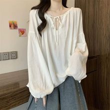 早秋棉麻白色长袖衬衫女法式漂亮系带领慵懒中长款亚麻