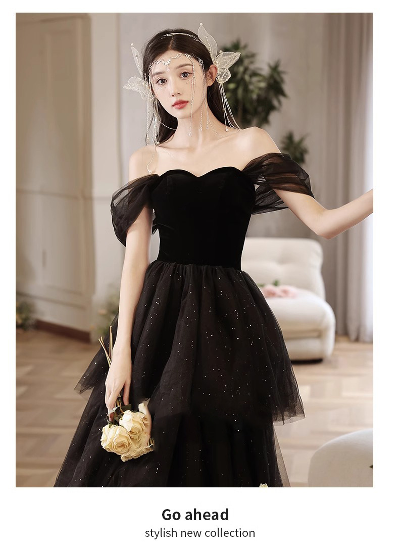 Đầm dạ hội đen lệch vai dáng chữ A thanh lịch — đen chi tiết 7
