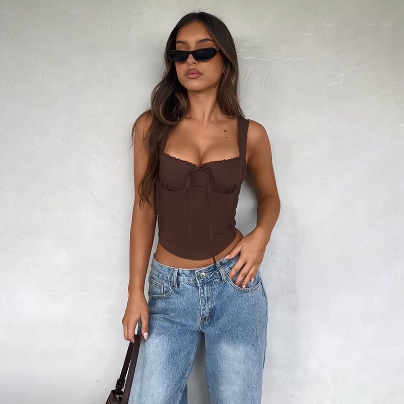 54g Weight Polyester Fabric Type Short Top Length Vest Tops Type Casual, Holiday, Daily Occasion Strap Neckline Slim Fit Type Solid Color Pattern Summer, Spring Season Women's Gender Lace Design Sexy Style Apricot, Brown, Black Color Wholesale Women's Sexy Solid Color Apricot Brown Black Lace Tank Tops 6